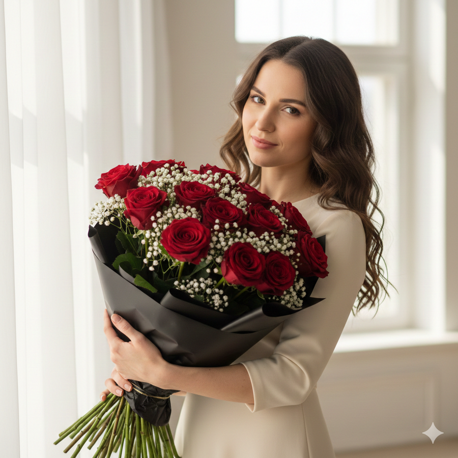 Valentine Hand-Tied One Dozen Premium Roses
