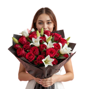 Timeless Elegance Boquet (24 Roses with White Lilies)