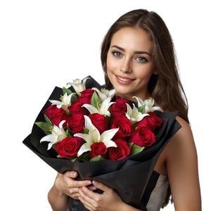 Timeless Elegance Boquet (24 Roses with White Lilies)