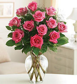 Valentine One Dozen Roses In Vase With Baby's Breath