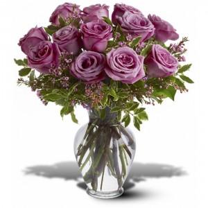 One Dozen Purple (Lavender) Rose Bouquet With Baby's Breath