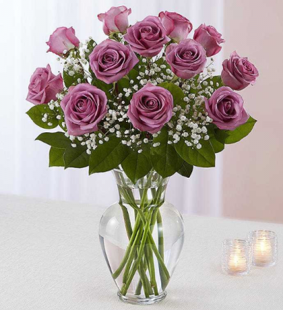 One Dozen Premium Roses In Vase With Baby's Breath (Multiple Colors Available)