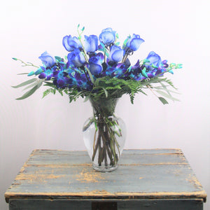 Blue Paradise Bouquet (1 Doz Blue Roses With Blue Orchids )